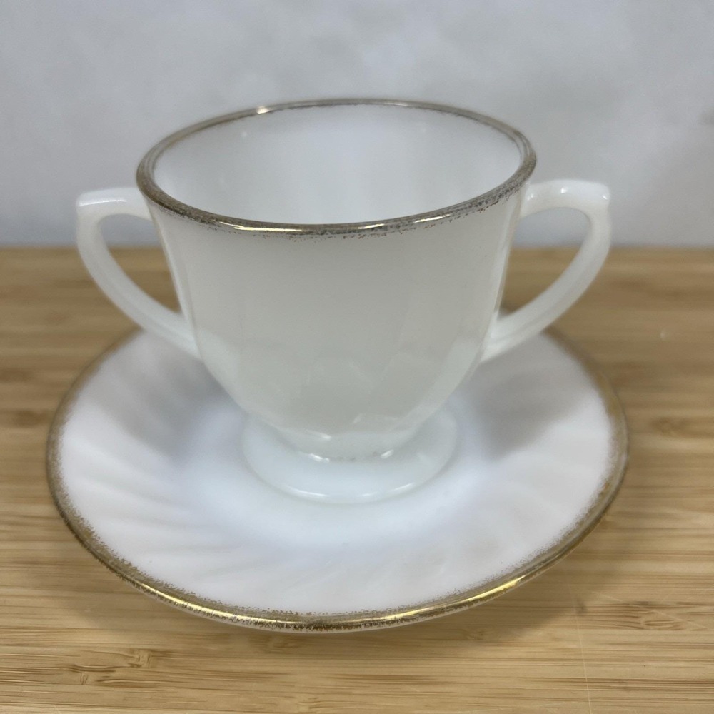 Fire King Swirl White Milk Glass‎ Cup & Saucer Gold Trim Vintage Anchor Hocking
